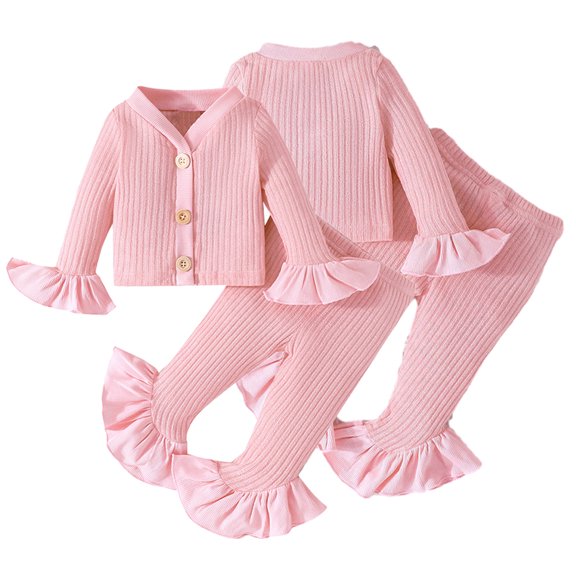 KYAIGUO Baby Infant Girl Spring Autumn Outfits Clothes Pink Ruffle Flared Top Floral Bell Bottom Pants 2PCS Long Sleeve Princess Shirt Tops Bell Bottoms
