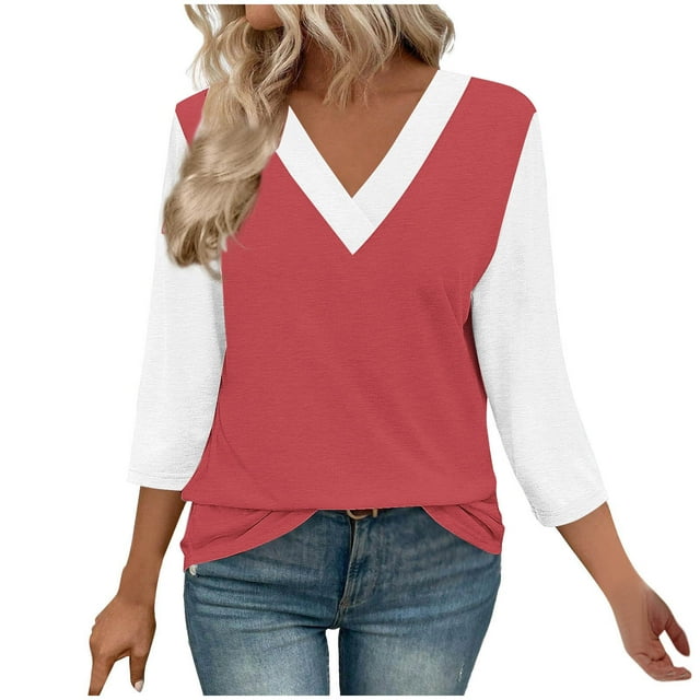VSSSJ Tunique Décontractée Col en V 3/4 pour Femmes, Coupe Ample, Mode Confortable, T-Shirt d'Été Rouge TTTG