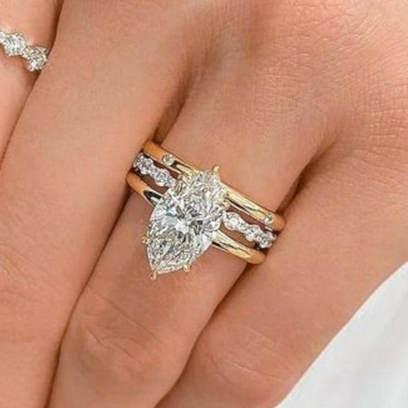 Sparkle Jewels 14K Yellow Gold Finish Marquise Cut Cubic Zirconia Hidden Halo Trio Bridal Ring Set