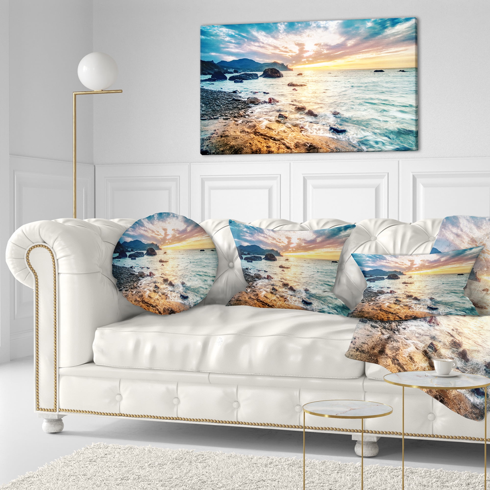 Designart Summer Sea with Mountains and Waves - Seashore Throw Pillow - 12x20