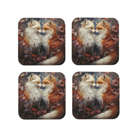 

Fuzoiu Romantic Flower Fox Couple Print Leather Coasters Set Drink Coasters Set of 4 for Tabletop Protection Durable PVC Coasters Home Décor and Housewarming Gift-Square