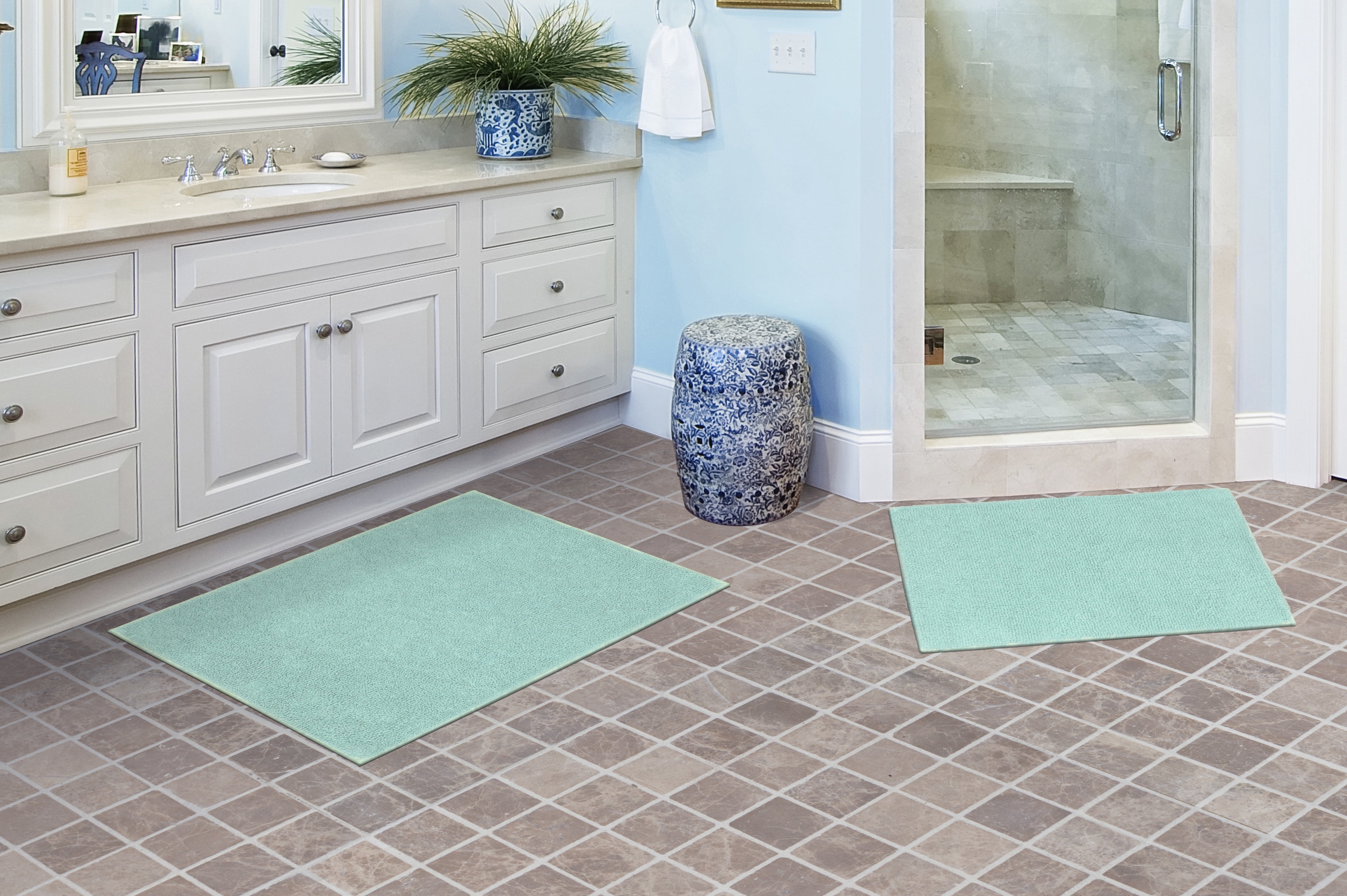 Garland Rug Classic Cotton Washable Bath Rug Set, 2 Piece Set (17"x24" Bath Rug, & 21"x34" Bath Rug) Sea Foam
