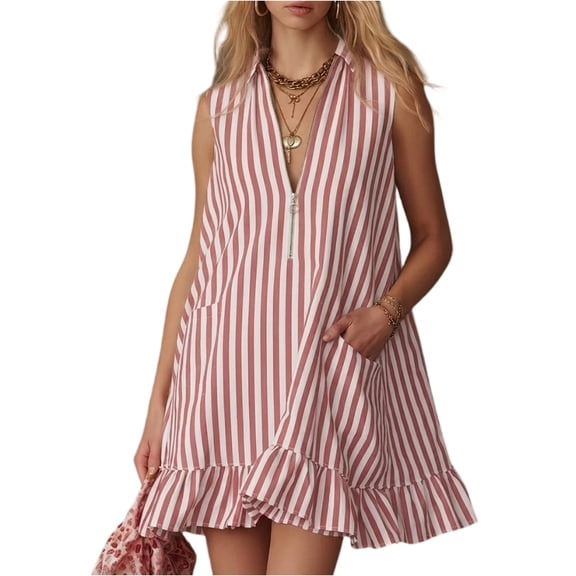 Women's Vertical Striped Dress, Casual Sleeveless Zip-up V Neck Mini Dress, Ruffle Hem Shift Summer Sundress with Pockets