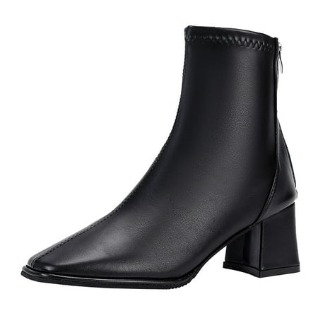 YHGFVOKJ Boots for Women Classic Fashion Leather Solid Color Autumn Pointed Toe Thick Sole Non Slip Square Heels Zipper Short Booties Square Toe Shoes Wide Width Dress Shoes for Women Black 40