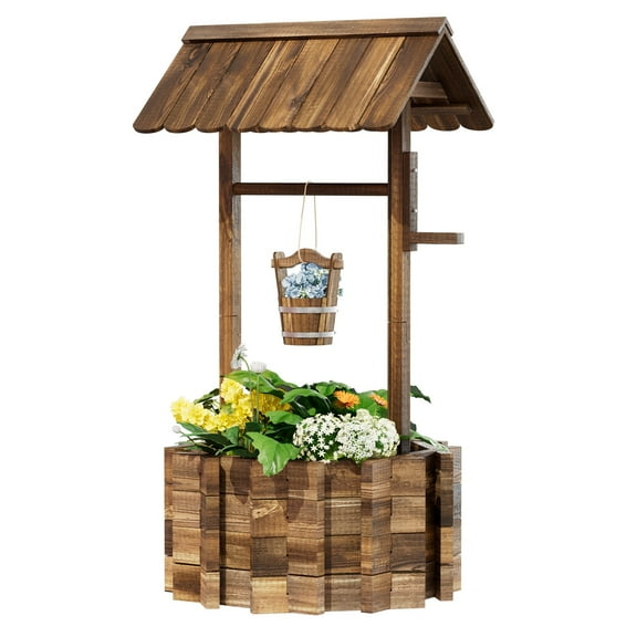 Bapipro Wood Wishing Well Planter with Hanging Bucket for Flower and Plants, Brown
