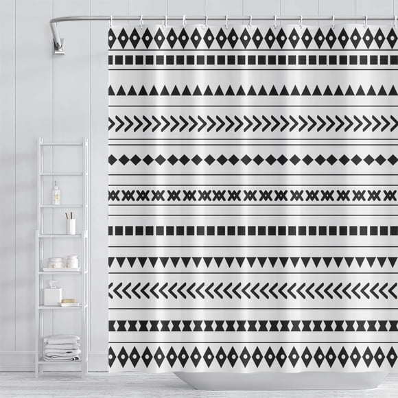 Rideau de Douche de Salle de Bain en Tissu Noir et Blanc Boho à Motif Géométrique Abstrait, Imperméable, Rideaux de Douche en Polyester pour une Esthétique Artistique Moderne Minimaliste, Décoratif pour la Maison, 72x72 Pouces