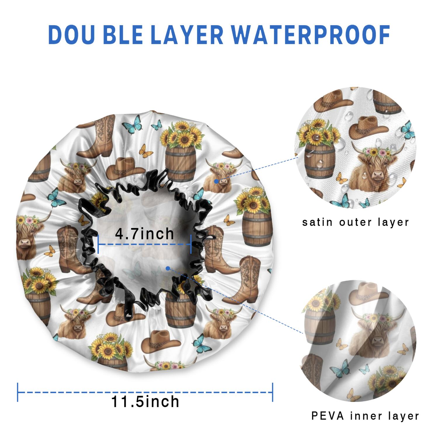 Shower Caps,Highland Cow Barrel Boot Butterfly Pattern Waterproof Shower Cap for Women 4 Pieces,Double Reusable Hair Cover for Shower PEVA Elastic Stretch Hem