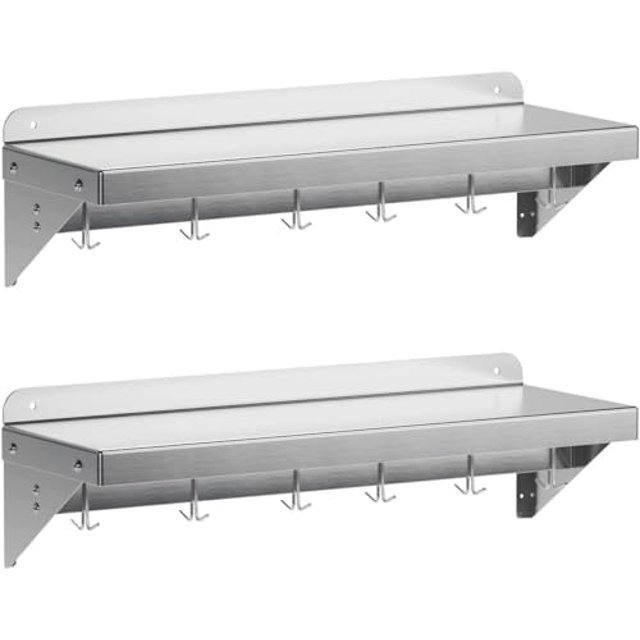 2-Pack 12x24 Inch Stainless Steel Wall Shelf with Backsplash & Hooks, Multifunctional Kitchen Storage & Organizer