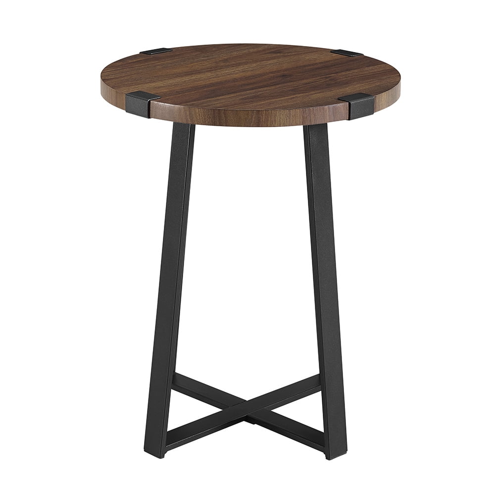 Walker Edison Rustic Wood and Metal Round End Table, Dark Walnut