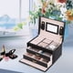 thumbnail image 5 of Estuche de almacenamiento de joyería de cuero PU de 3 niveles, organizador de caja expositora con espejo (negro), 5 of 13