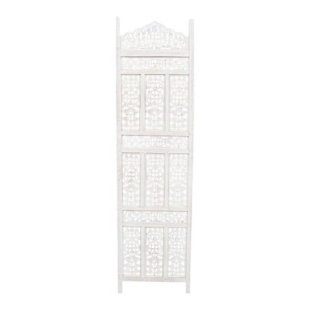 Aesthetically Carved 4 Panel Wooden Partition Screen Room Divider, Distressed White- Saltoro Sherpi