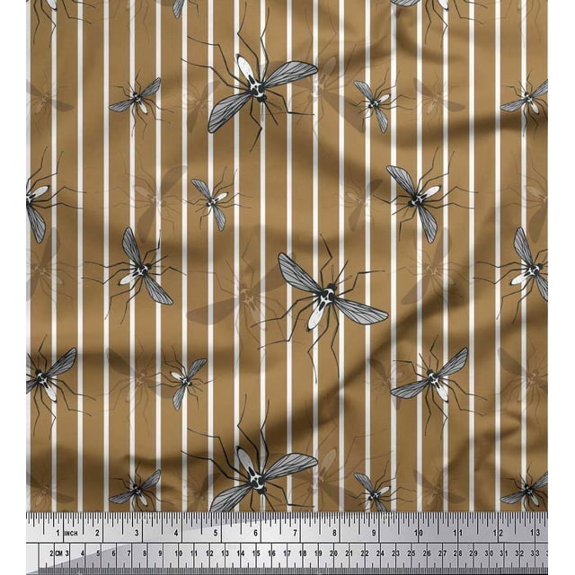 Soimoi Brown Rayon Crepe Fabric Stripe & Mosquito Insects Print Fabric by the Yard 46 Inch Wide