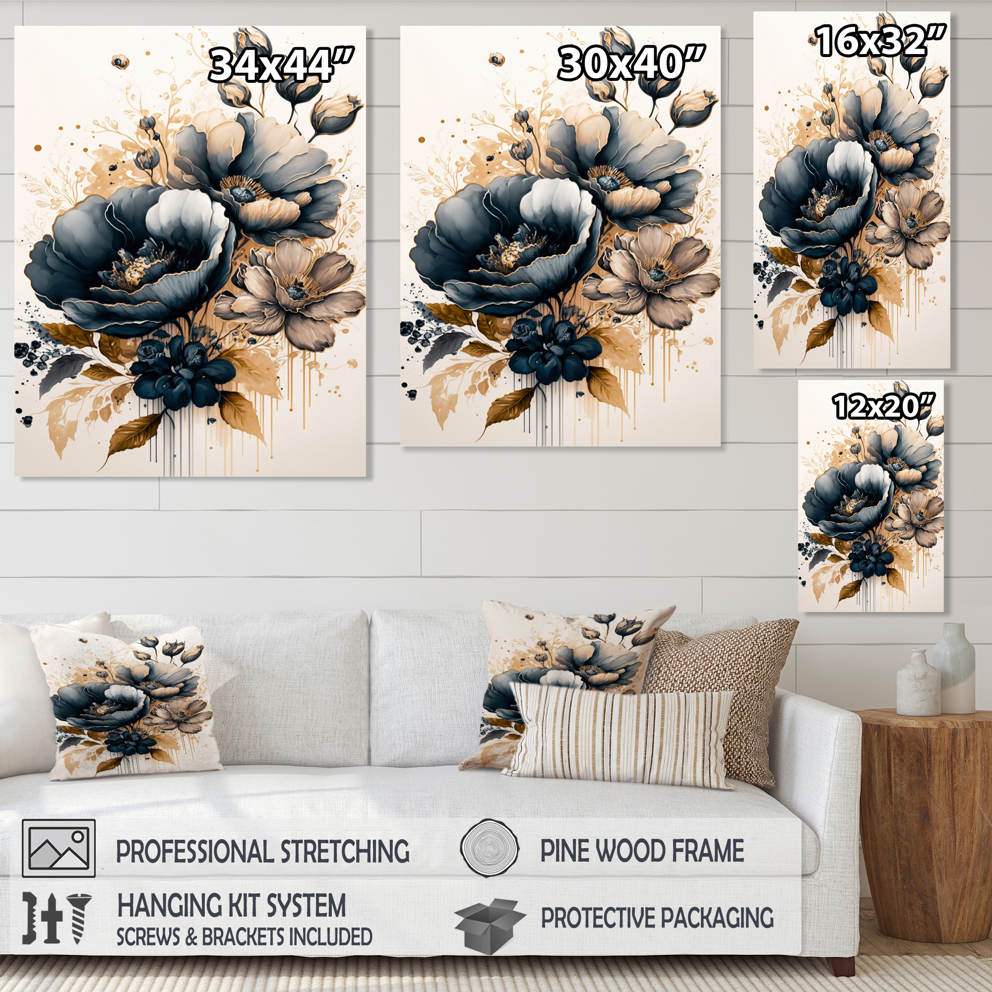Designart Navy Blue And Gold Poppy Flowers III Canvas Wall Art