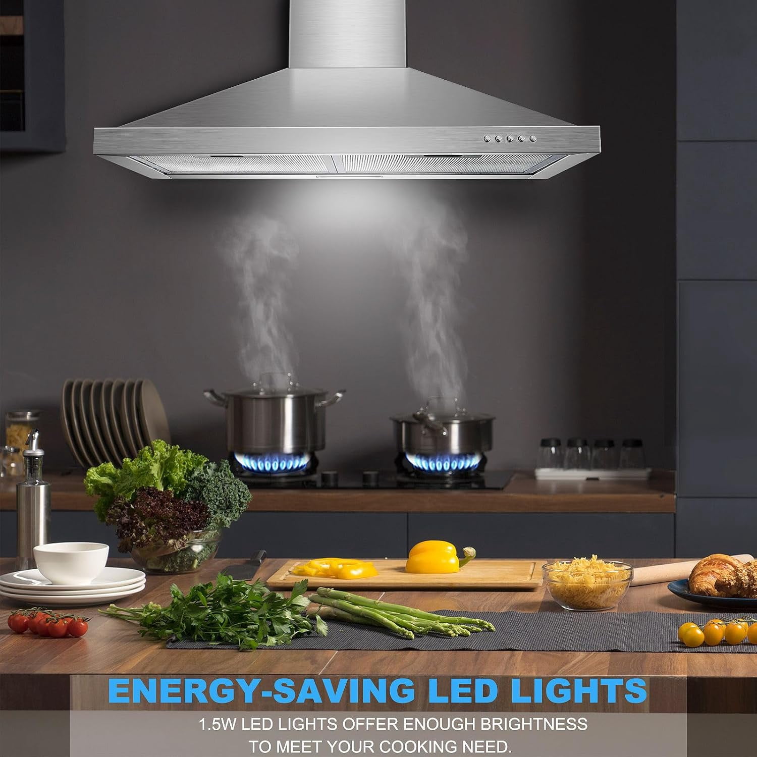 30 inch Wall Mount Range Hood 450 CFM with Ducted/Ductless Convertible Duct Stainless Steel Chimney-Style Over Stove Vent Hood with LED Light 3 Speed Exhaust Fan Black Hood Vents for Kitchen
