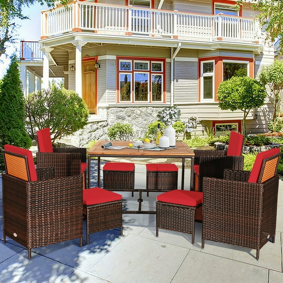 Gymax 9PCS Rattan Wicker Patio Dining Set Outdoor Furniture Set w/ Red Cushion