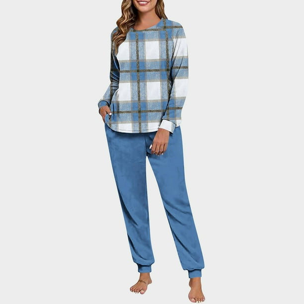 Conjunto de pijama informal de invierno para mujer, de doble cara, con cuello redondo estampado, manga larga, top anudado a mano, pantalones con cordón ajustable, ropa de casa, blusa de poliéster.