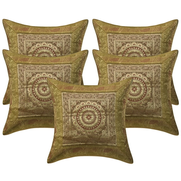 Stylo Culture Indian Sofa Throw Pillow Covers 16 x 16 Jacquard Gold Square 40x40 cm Living Room Lounge Decor Brocade Floral Mandala Zippered Cushion Covers | Set Of 5