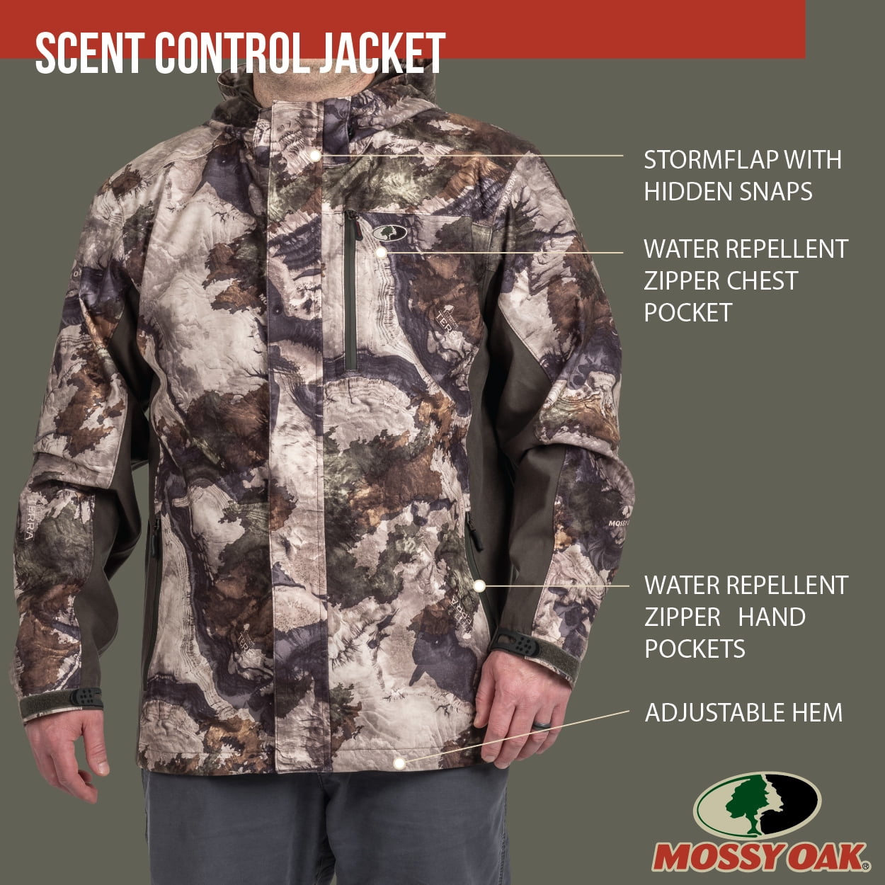 Mossy Oak Men's Scent Control Jacket, Mossy Oak Terra Gilla, Size Small