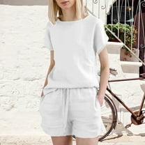 Riforla Women's Summer Fashion Casual Two Piece Outfits Crew Neck Short Sleeve Shirts and High Waist Shorts Sets Elegant Women's Sets White XL