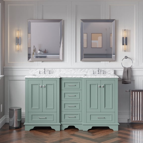 Nantucket 60" Double Bathroom Vanity with Sage Green Cabinet and Carrara Marble Top