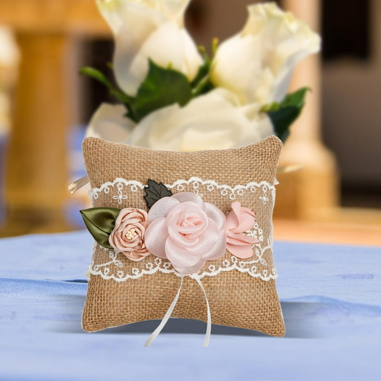Wedding Pillow with Ribbons Rings Bearer Pillows, Burlap Lace