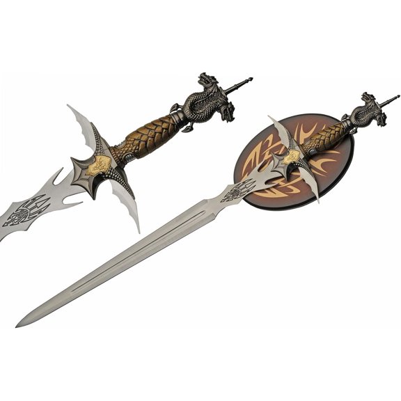 SZCO 33" Dragon Claw Fantasy Sword, 25-Inch Stainless Steel Blade with Zinc Alloy Handle, Decorative Medieval Display Sword with Wood Wall Plaque