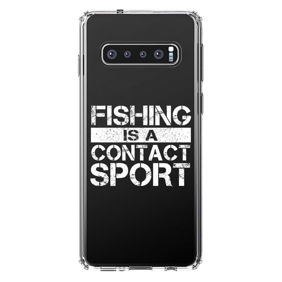 DistinctInk Clear Shockproof Hybrid Case for Samsung Galaxy S10  PLUS (6.4" Screen) - TPU Bumper Acrylic Back Tempered Glass Screen Protector - Fishing is a Contact Sport