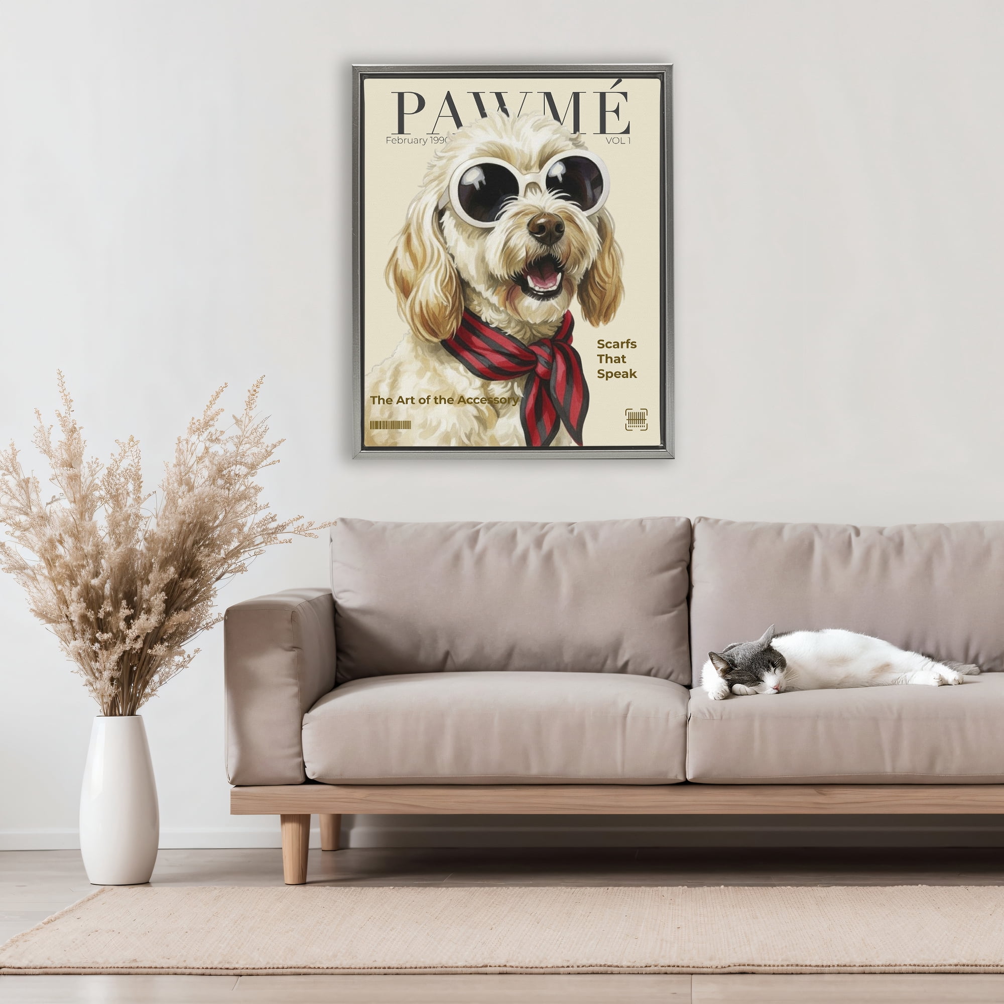 Stupell Industries Pawme Dog Fashion Magazine Gray Framed Floater Canvas Wall Art, design by A Barefoot Stylist