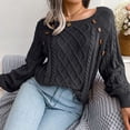 thumbnail image 5 of Defitshape Women's Cable Knit Sweater Long Sleeve Fall Top Boat Neck Soft Button Bishop Sleeve Spring Elegant Winter Thick Loose Fit Knitwear Knitted Pullover Sweater Black Medium, 5 of 5