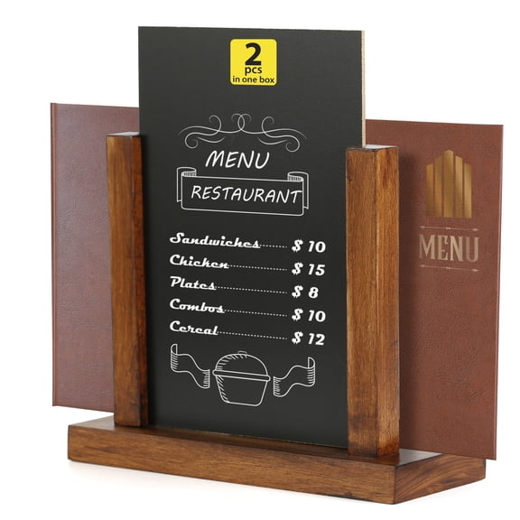 M&T Displays 2-Pack Dark Wood Desktop Menu Holder with Chalkboard, Portrait Table Sign for Events