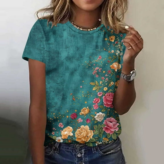 Women's Short Sleeve Shirts Flowers T Shirts Loose Print Tops for Women Y2k Plus Size Tops White