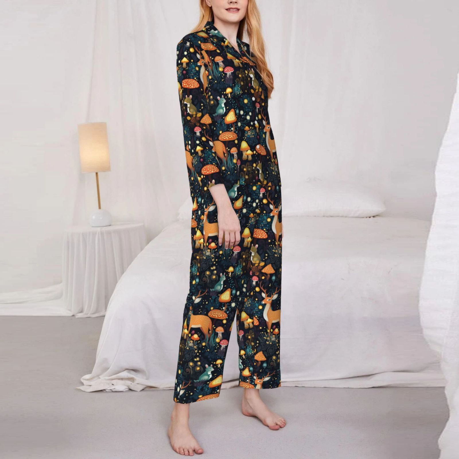Fuzoiu Forest Elf Print Women's Long-Sleeved Pajama,Lounge Button Down Nightwear,Womens Notch Collar Pajama Set-Small