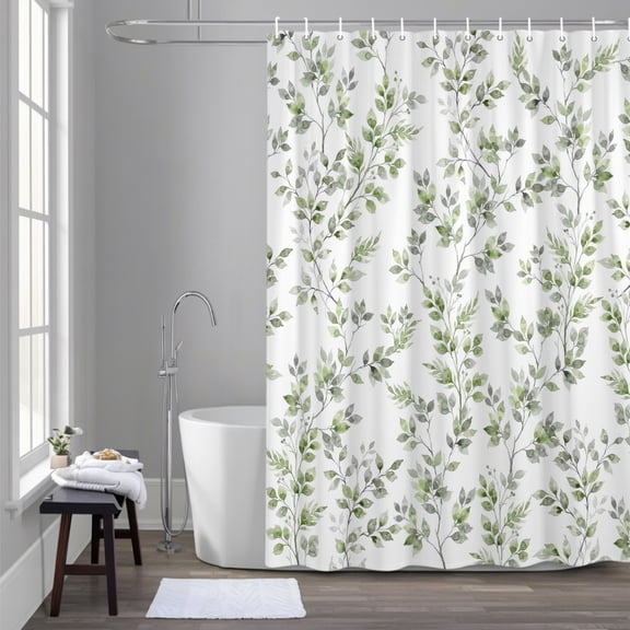 Sage Green Leaf 60x72 Inches Waterproof Shower Curtain, Watercolor Floral Vine Branch Rustic Country Bath Curtain Set with 12 Hooks Washable Shower Curtains for Bathroom Bathtub Decor