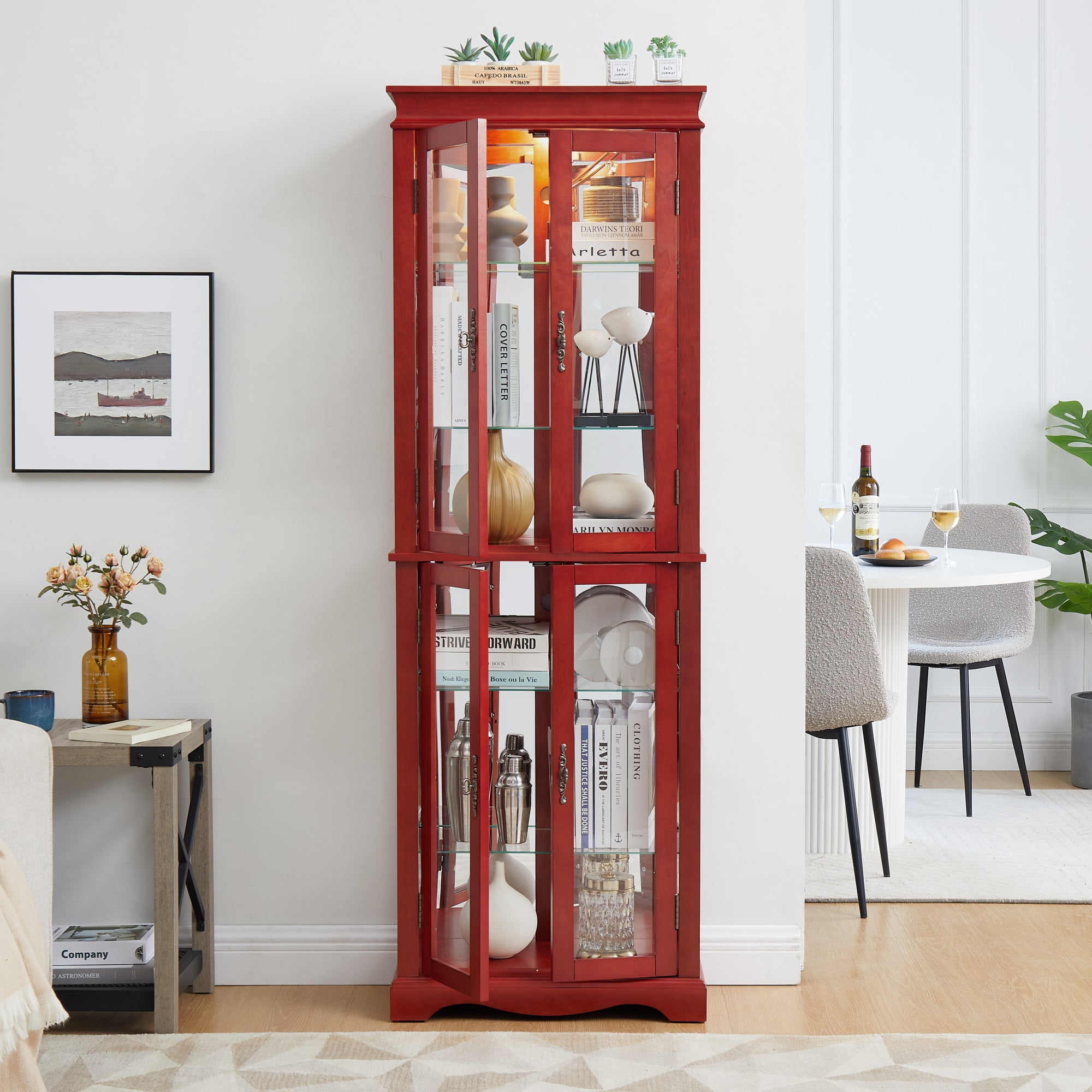 Miniyam Wood Curio Display Cabinet with Light, Glass Door for Living Room, Cherry