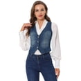 thumbnail image 1 of Allegra K Chaleco de mezclilla para mujer con cuello en V y botones sin mangas, informal, chaqueta vaquera Azul oscuro L, 1 of 5