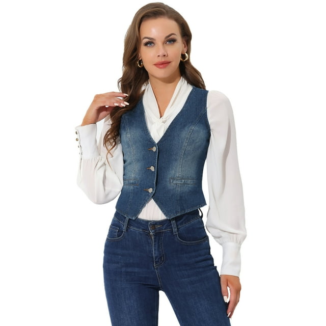 Chaleco de mezclilla Allegra K para mujer con cuello en V y botones sin mangas Azul oscuro XL