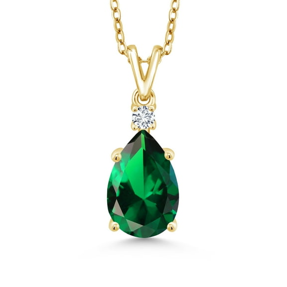Gem Stone King 18K Yellow Gold Plated Silver Green Nano Emerald and White Lab Grown Diamond Pendant Necklace for Women | 2.51 Cttw | Pear Shape 12X8MM | with 18 inch Silver Chain
