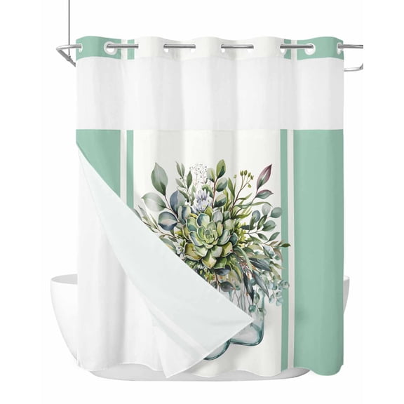 No Hook Cloth Fabric Shower Curtain with Snap in Liner, Eucalyptus Green Waterproof Shower Curtains Set with See Through Top Window, Stripes Bottle Flower Cactus Plant Bath Curtains Shower 72"x72"