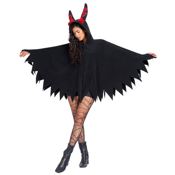 Halloween Mothman Costume Cape for Women Black Cozy Hooded Poncho Adult Cosplay Party