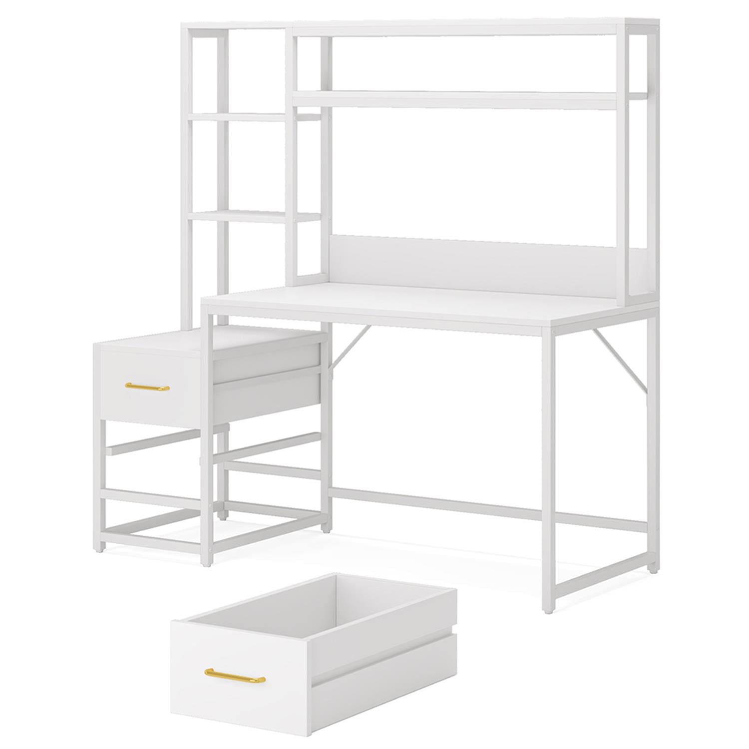 Demi Bonn 60" Computer Desk with 2 Drawers and Storage Shelves, Reversible L-Shaped Gaming Desk, Work Desk for Home Office, Study, Living Room, White