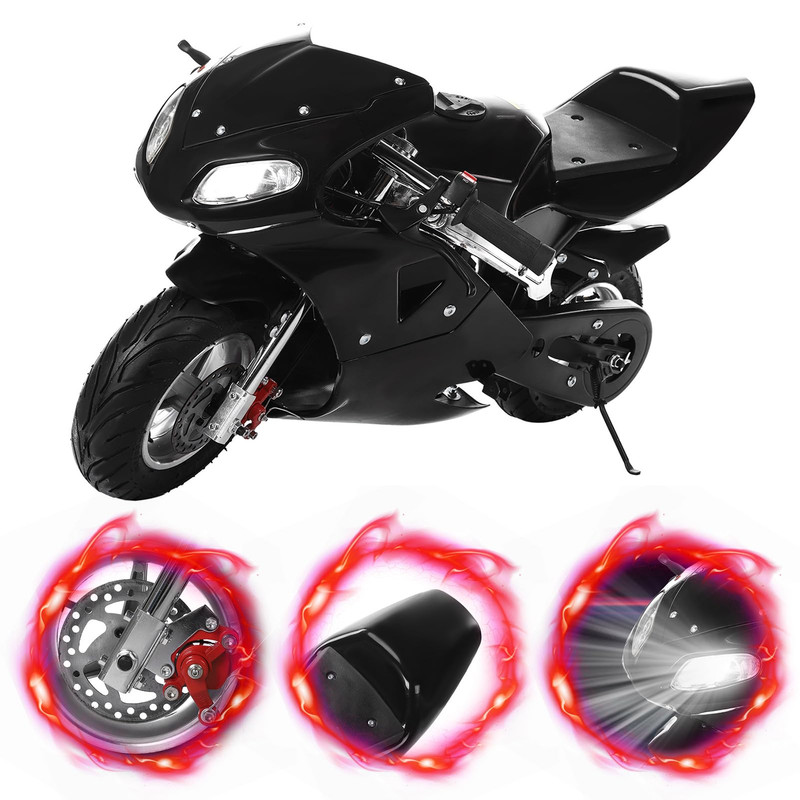 Floseru Mini Motorcycle, 49cc 2 Stroke Pocket Bike, Gas Motorbike, Racing Max Speed 20Mph, Dual Headlights 1.25L Gas Tank, Max Load 170lbs, for Kids