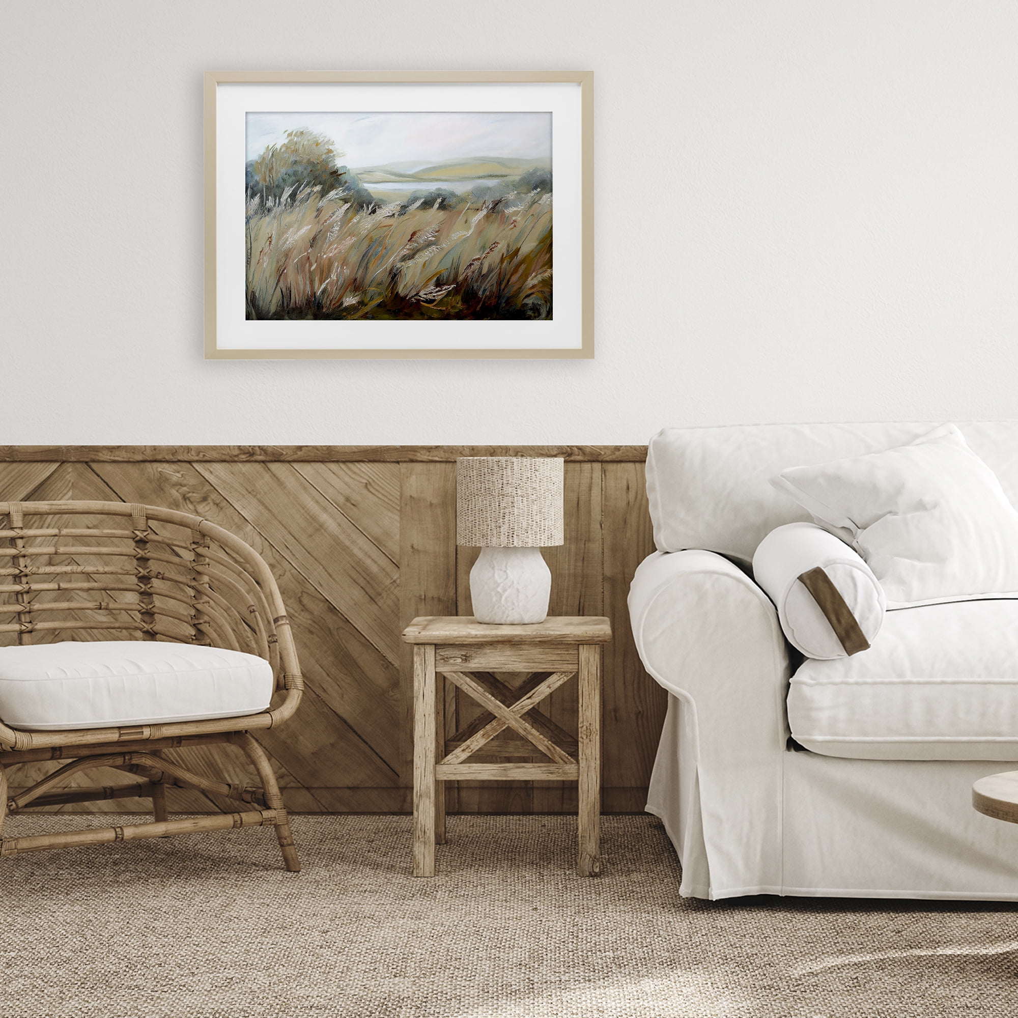 Windy Meadow Distortion Birch Framed Print Under Glass, design by Sasha