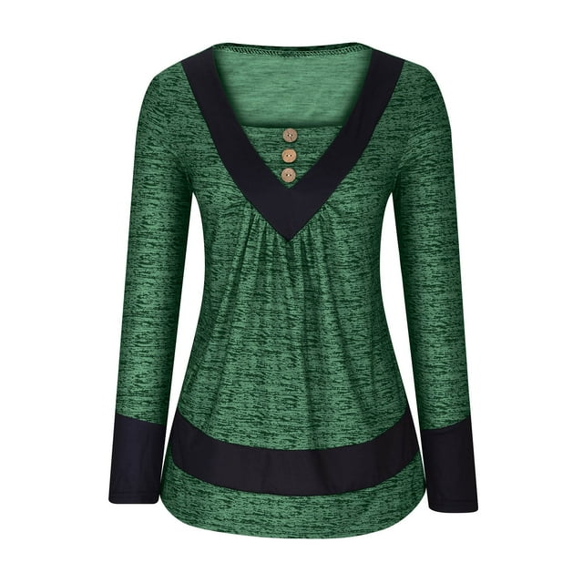 EQWLJWE Blouses à Manches Longues pour Femmes Mode Décontractée Boutons Contrastés Col en V