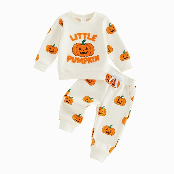 TOWED22 Toddler Baby Boy Girl Halloween Outfit Pumpkin Ghost Embroidery Stripe Long Sleeve Waffle Sweatshirt and Pants Set,Beige,2-3 Y