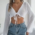 thumbnail image 6 of STETMN Women's Crochet Cardigan Casual Bell Long Sleeve Crop Tops Tie Front Beach Hollow Out Shrug Shirt, 6 of 7