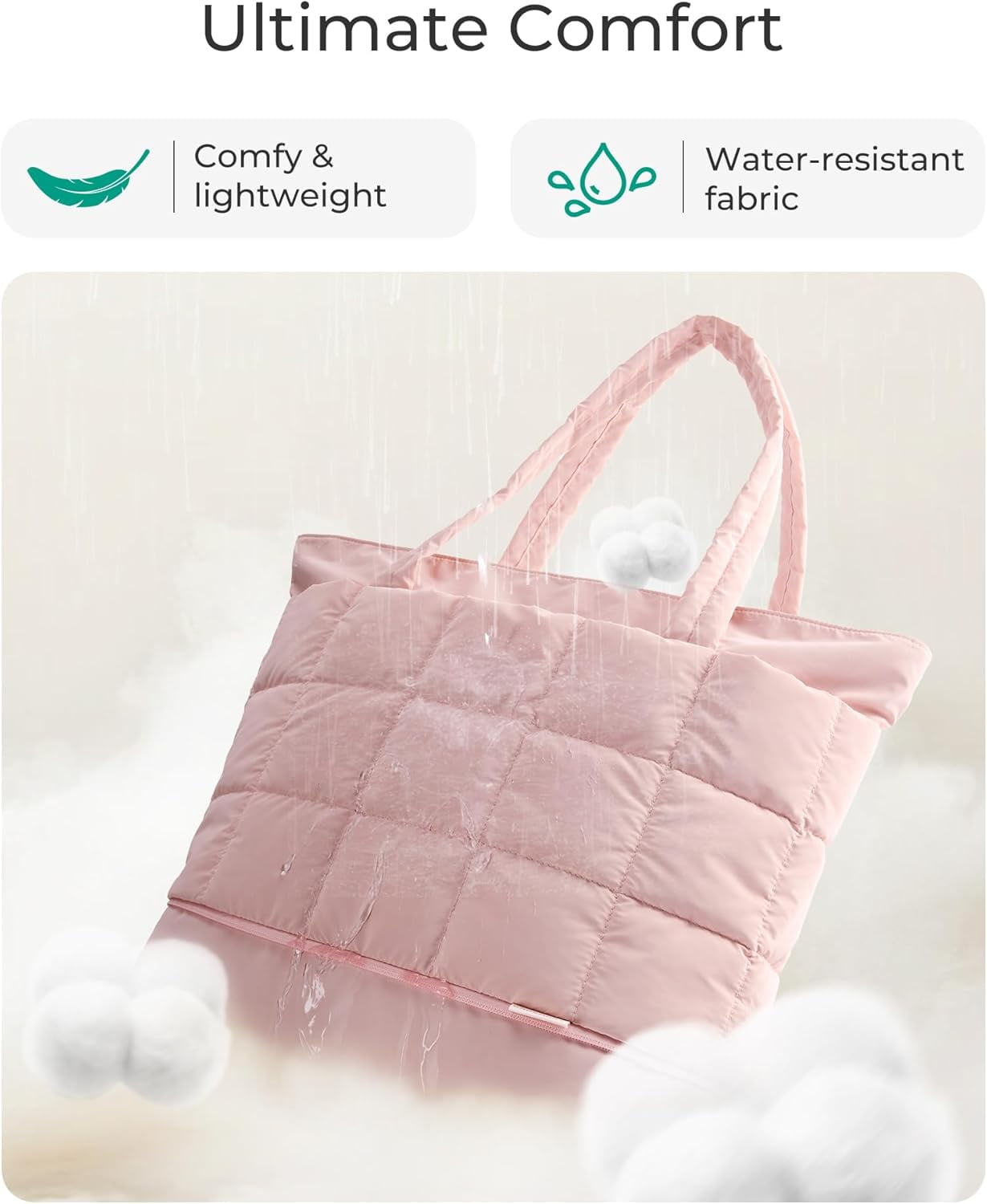 mirlewaiy Tote Bag for Women, Puffer Work Tote Handbag, Quilted Carry-On Travel Gym Bag(Light Pink)