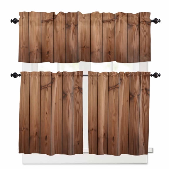 Vintage Wood Grain Kitchen Curtains Valances and Tiers Set of 3, 24 Inch Length Tier Curtains and Valance Rod Pocket Valance Curtains Set for Kitchen Bathroom Small Windows