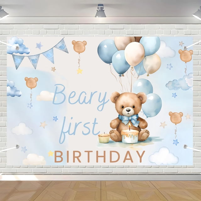 Banner de fondo WNPCCNP Beary, primer cumpleaños, oso de peluche azul