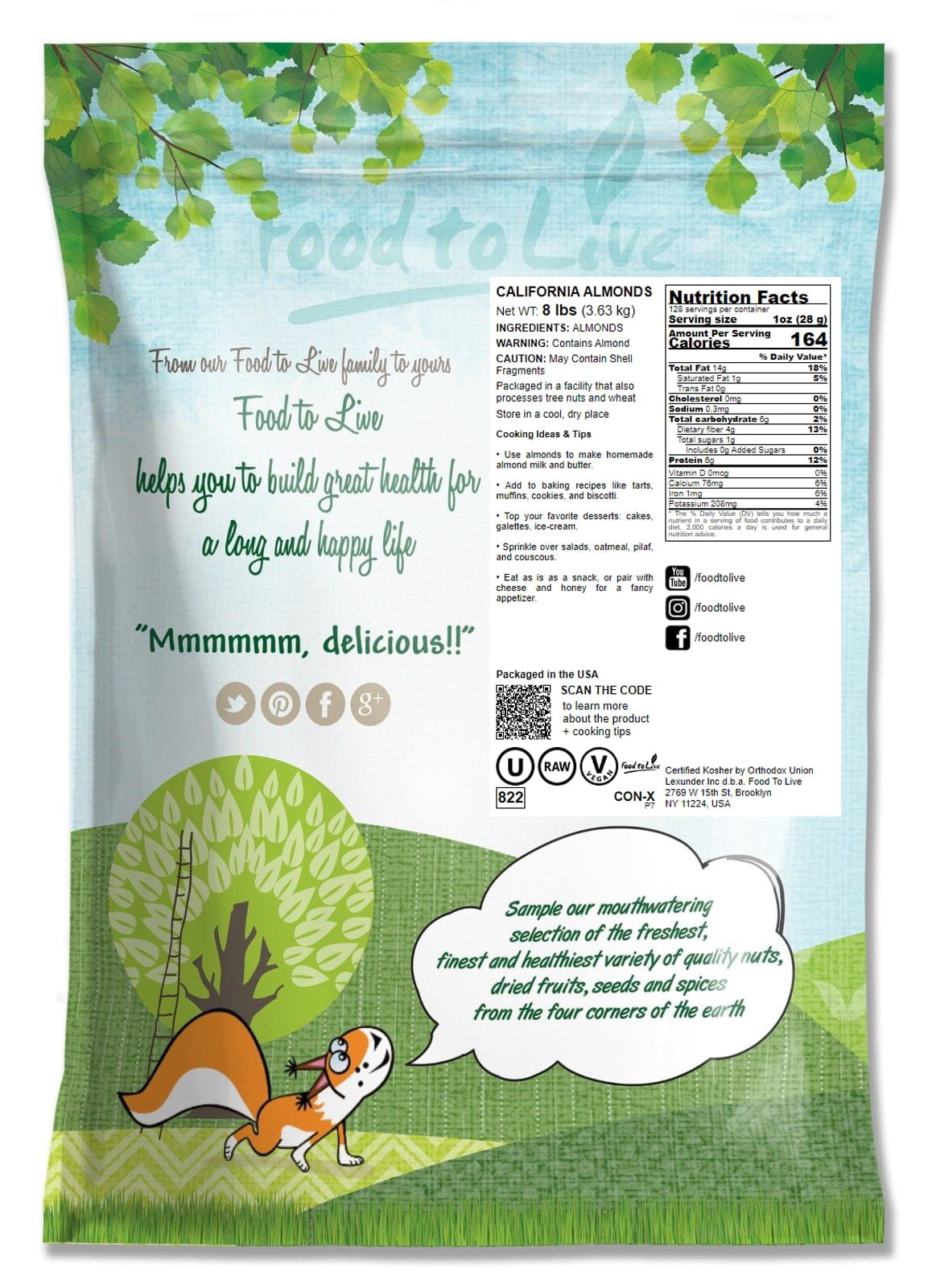 Food to Live, California Almonds, 8 Pounds, Kosher