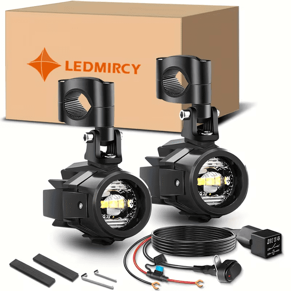 LEDMIRCY Motorcycle Auxiliary Lights, Exploradoras LED para Moto with Switch Wiring Harness Kit Motorcycle Fog Lights IP68 Waterproof Driving Spot Light with Mount Brackets for ATV UTV Snowmobile